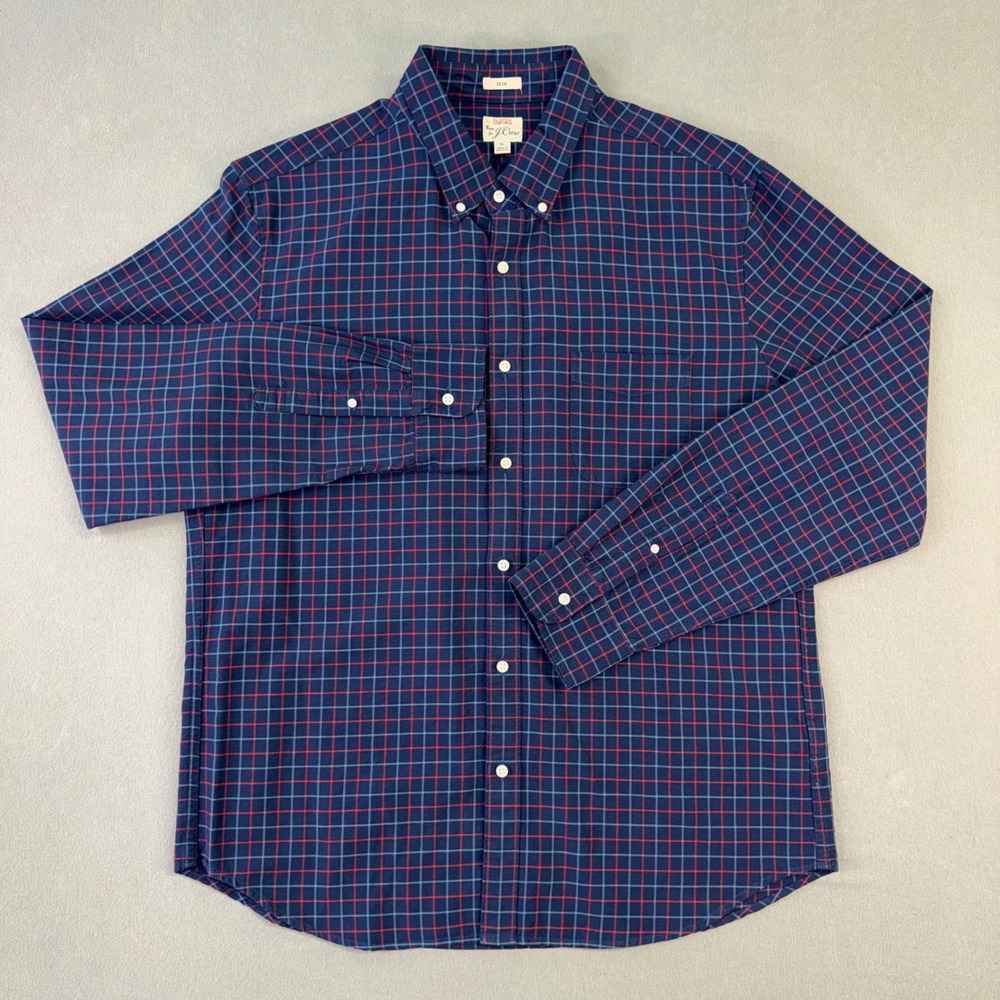 J. Crew Mens XL Slim Fit Oxford Shirt Navy Red Plaid Cotton Button Down Long Slv